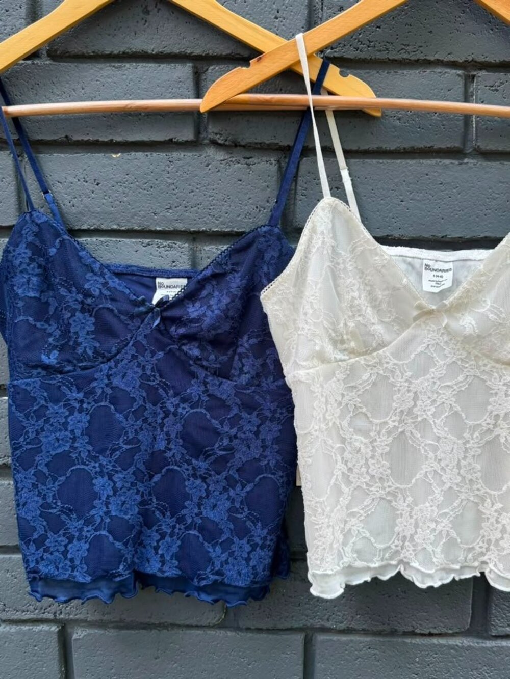 LOT 2 No Boundaries Lace Picot Trim Cami Tank Top Blue White Babydoll Sweetheart
